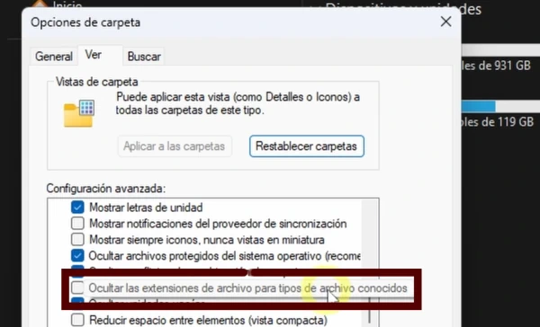 Desmarca la casilla “Ocultar extensiones de archivo” en Opciones de carpeta