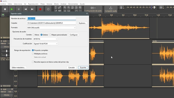 Ventana de exportación en Audacity